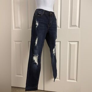 Machine Dark Blue Distressed Women's Straight Leg Jeans